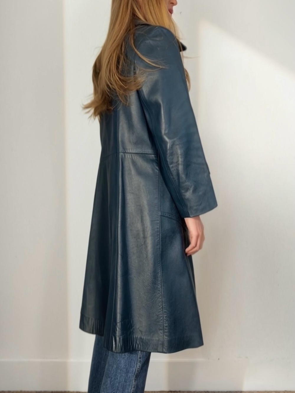 Long Navy Leather Trench Coat